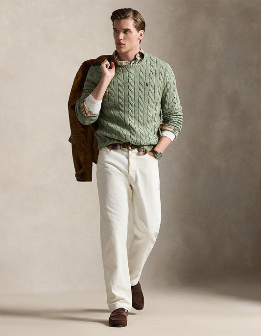 Cable Knit Cotton Sweater - Fern Green Heather