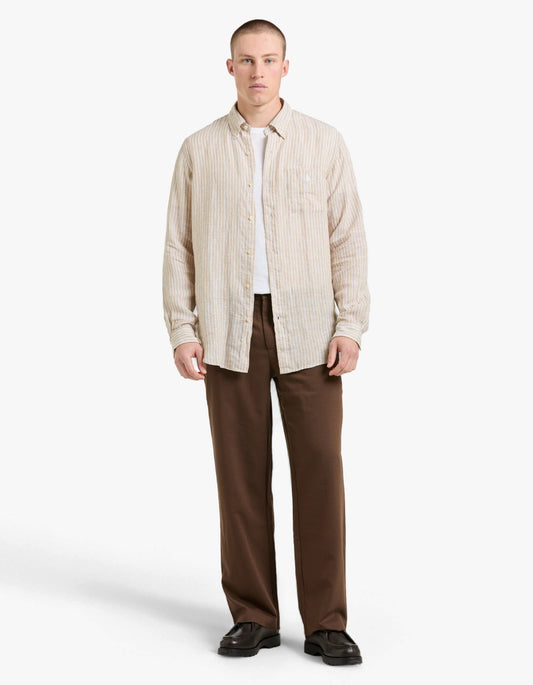 Custom Fit Striped Linen Shirt - 52F Costal Beige/White
