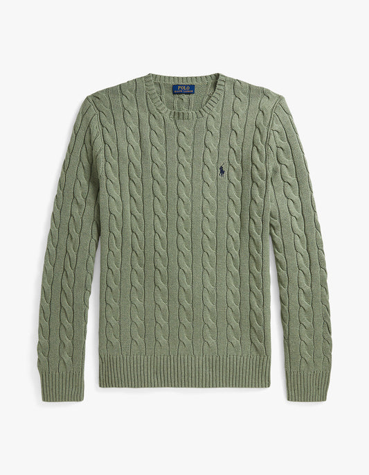 Cable Knit Cotton Sweater - Fern Green Heather