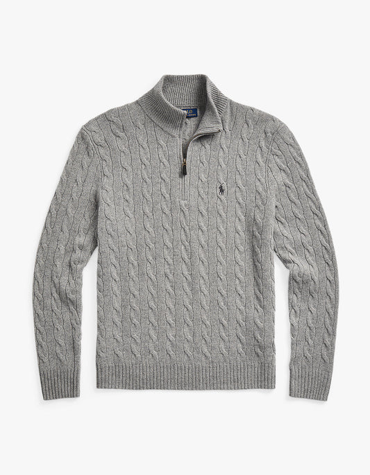 Cable Knit Cotton Quarter Zip Sweater - Fawn Grey Heather