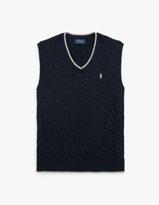 Cable Knit Cotton Sweater Vest - Hunter Navy Combo