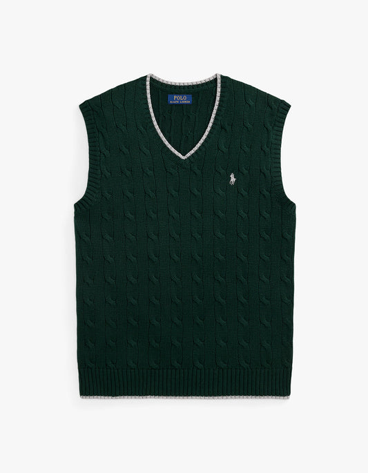 Cable Knit Cotton Sweater Vest - College Green Combo