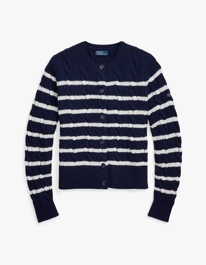 Striped Cable Wool Cashmere Cardigan - Hunter Navy/Authentic Cream
