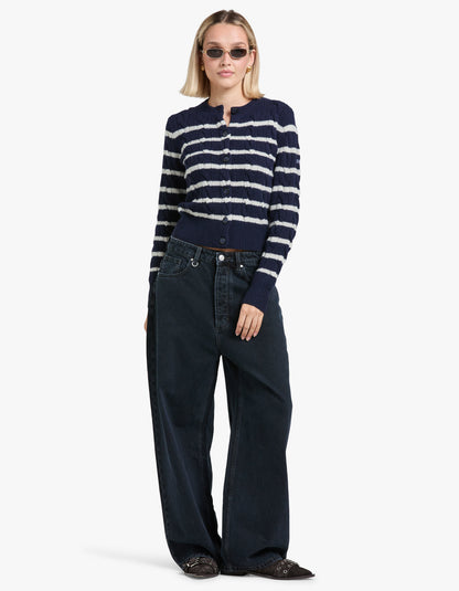 Striped Cable Wool Cashmere Cardigan - Hunter Navy/Authentic Cream