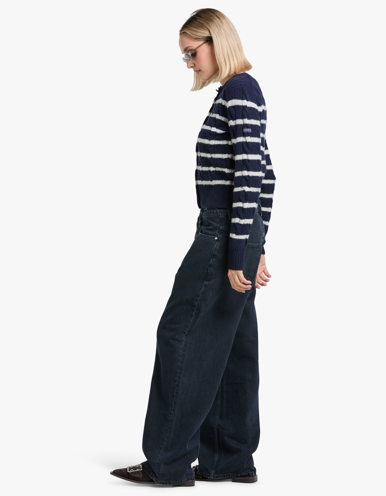Striped Cable Wool Cashmere Cardigan - Hunter Navy/Authentic Cream