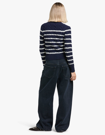 Striped Cable Wool Cashmere Cardigan - Hunter Navy/Authentic Cream