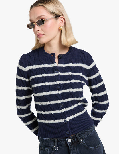 Striped Cable Wool Cashmere Cardigan - Hunter Navy/Authentic Cream