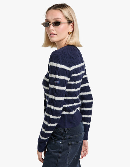 Striped Cable Wool Cashmere Cardigan - Hunter Navy/Authentic Cream