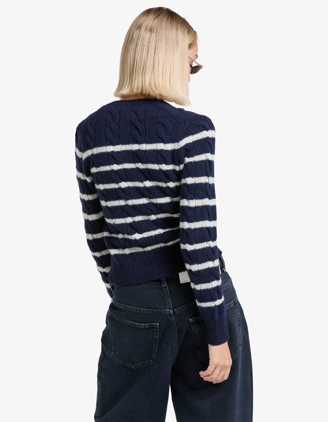 Striped Cable Wool Cashmere Cardigan - Hunter Navy/Authentic Cream