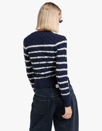 Striped Cable Wool Cashmere Cardigan - Hunter Navy/Authentic Cream