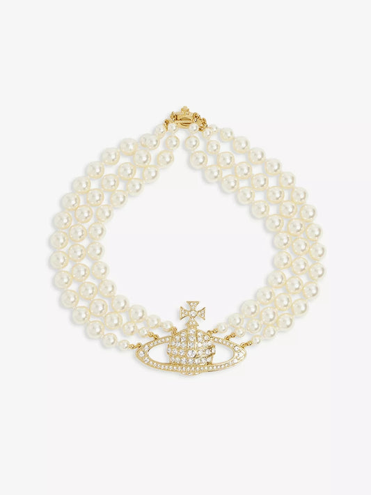 VIVIENNE WESTWOOD Triple-Row Faux-Pearl Orb Pendant Choker Brass(2 Colors)